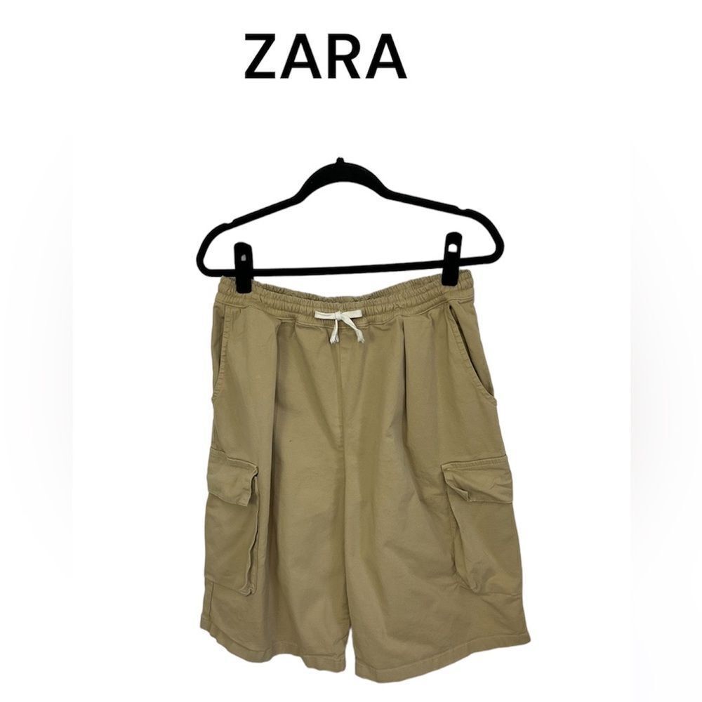 ZARA tan khaki cargo joggers utility cotton shorts L-XL
